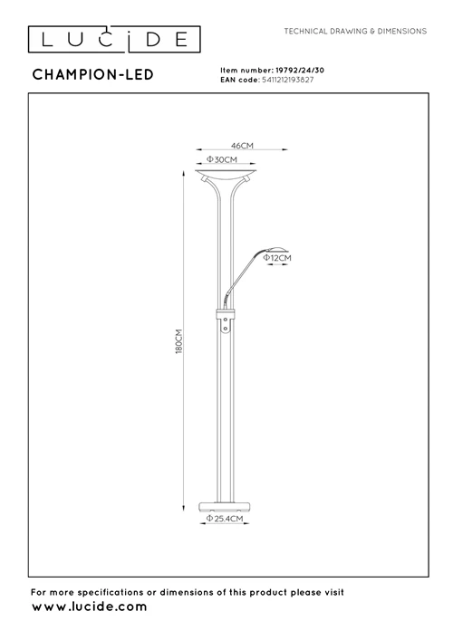 Lucide CHAMPION-LED - Stehlampe Mit Leselampe - Ø 30 cm - LED Dim. - 3000K - Schwarz - technisch